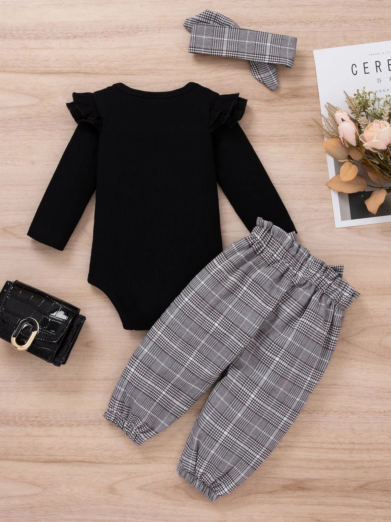 Body Conjunto de Body manga longa, calça e faixa Laço Xadrez