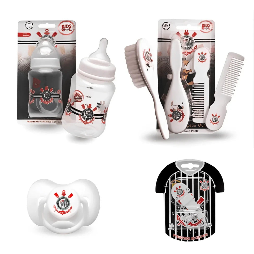 Kit infantil Corinthians (Chupeta Tam 2 - Prendedor - Mamadeira 260ml - Pente/escova)