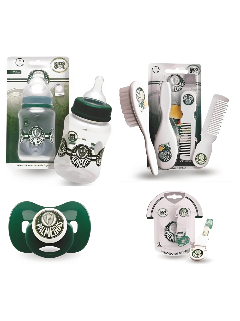 Kit infantil Palmeiras (Chupeta Tam 2 - Prendedor - Mamadeira 260ml - Pente/escova)