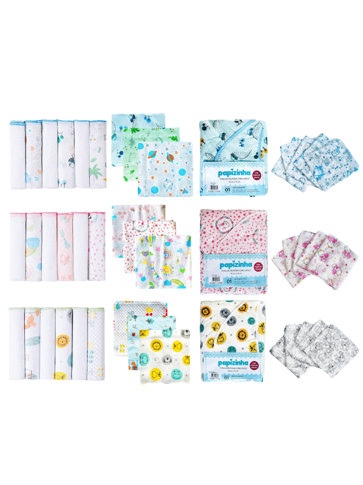 Kit Enxoval 15 Peças 6 Paninhos 5 Fraldas 1 Toalha 3 Cueiros
