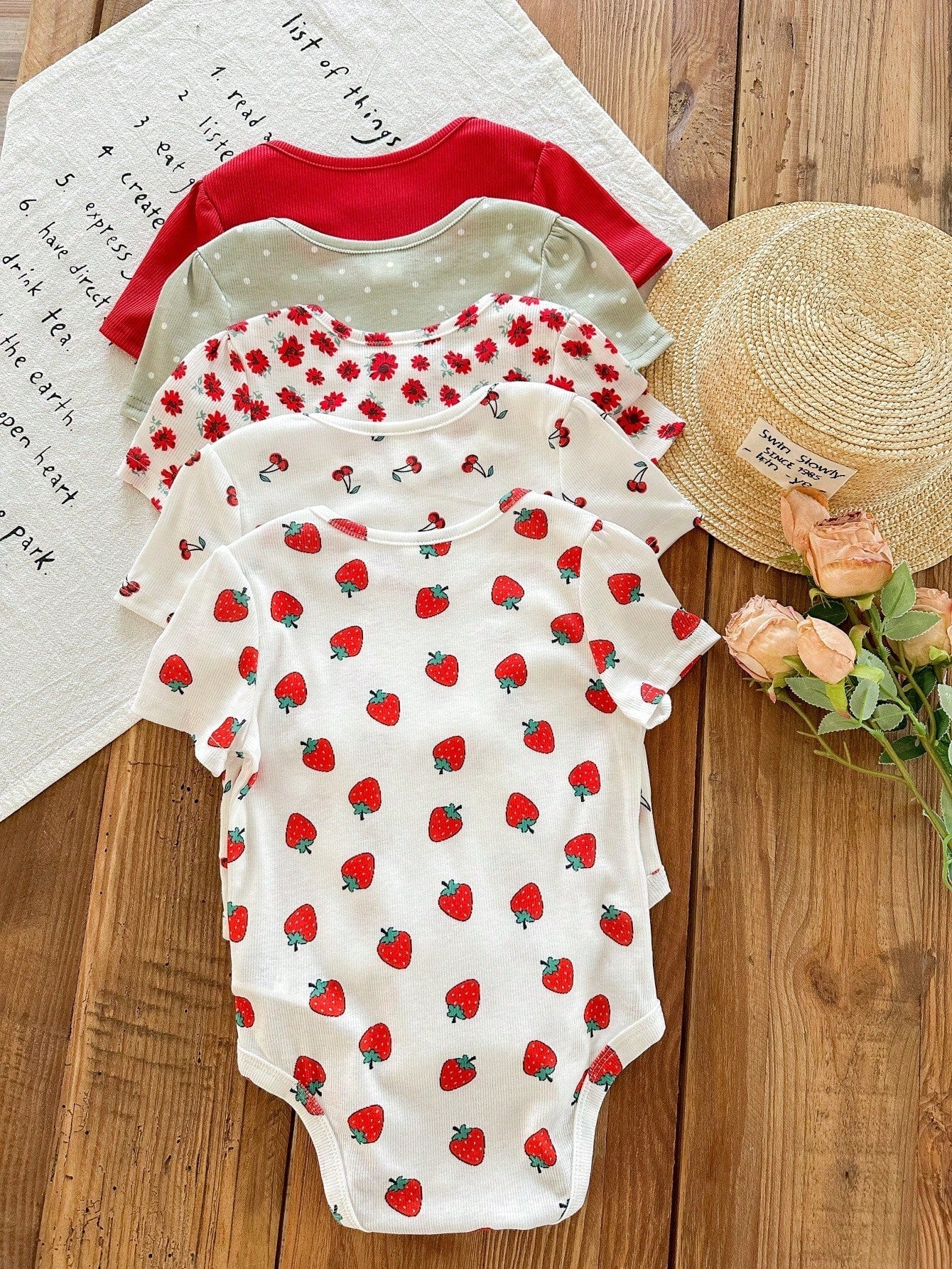 Kit body bebê 5 peças Flores e Frutinhas multicor