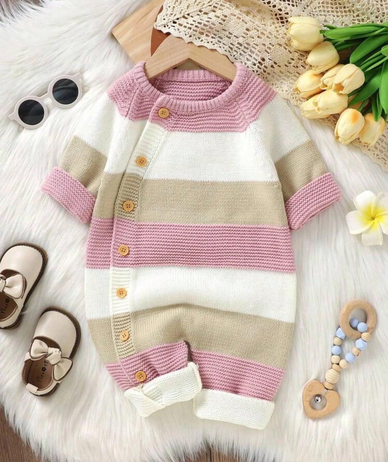 Macacao Longo Listrado Bebe Menina Plush Algodão