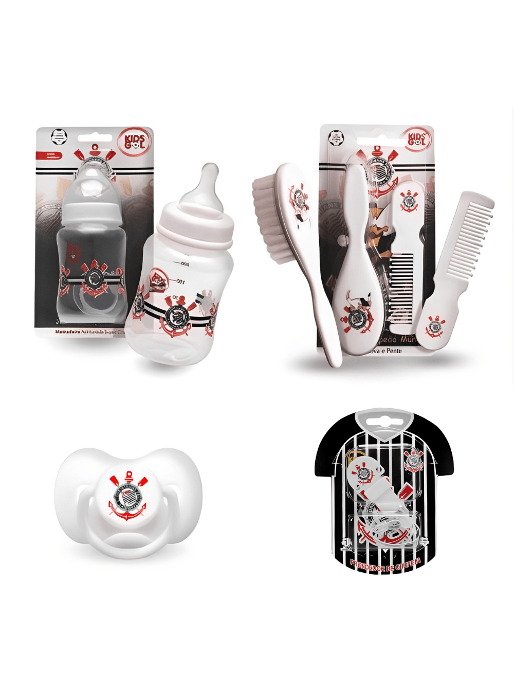 Kit infantil Corinthians (Chupeta Tam 2 - Prendedor - Mamadeira 260ml - Pente/escova)
