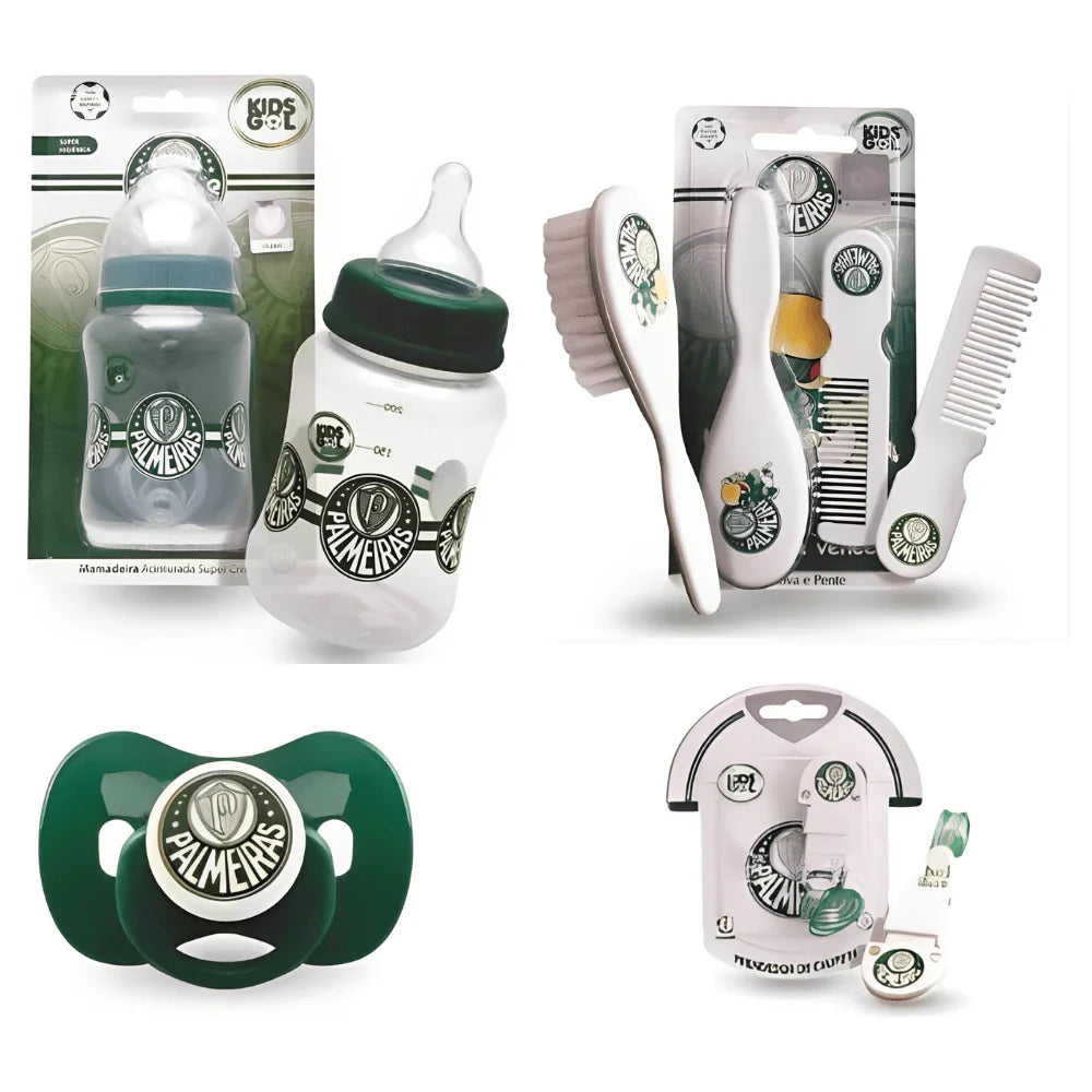 Kit infantil Palmeiras (Chupeta Tam 2 - Prendedor - Mamadeira 260ml - Pente/escova)