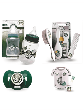 Kit infantil Palmeiras (Chupeta Tam 2 - Prendedor - Mamadeira 260ml - Pente/escova)