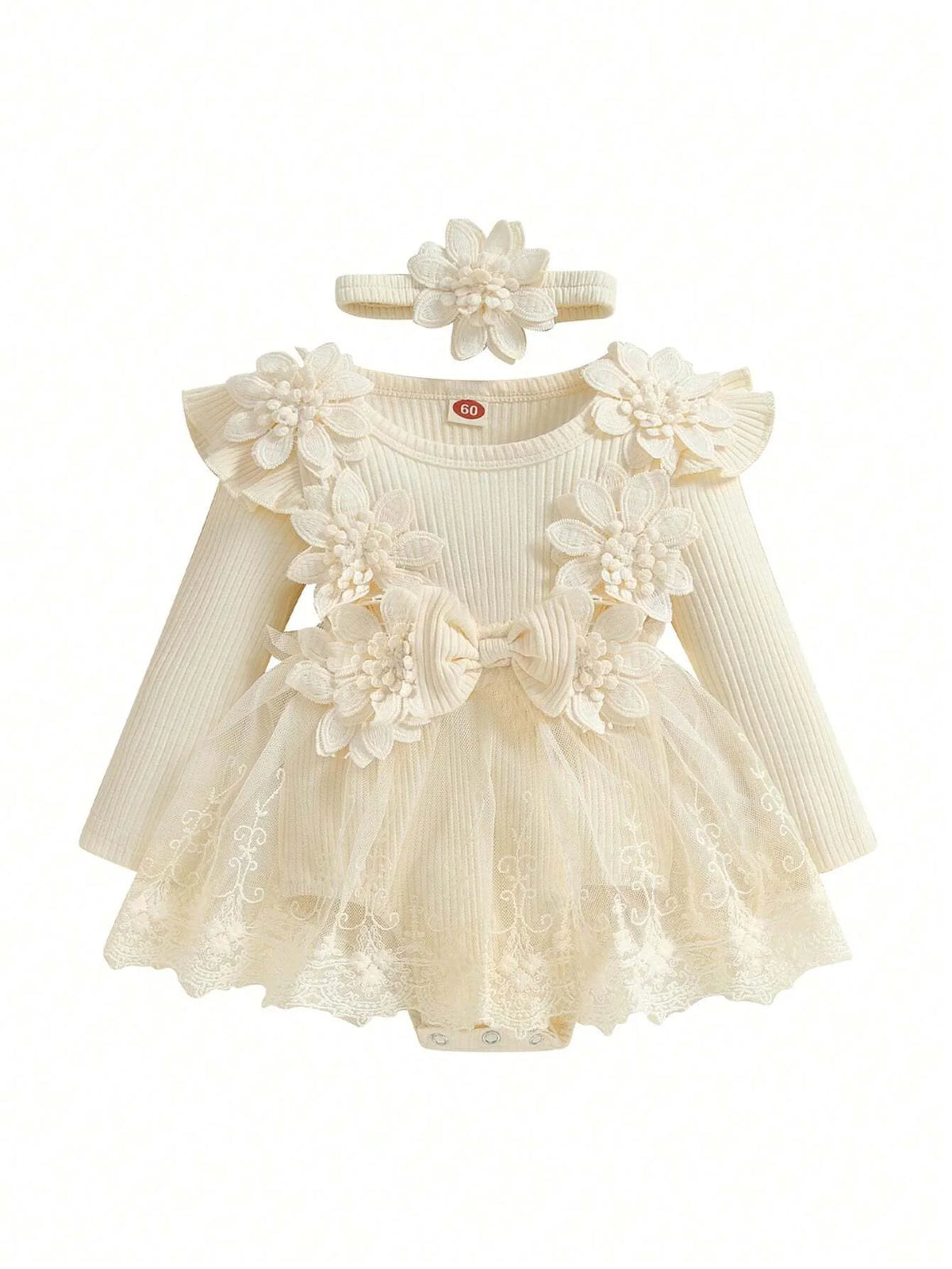 Conjunto com 2 Peças vestido de Tule de Manga Comprida e Laço de Flor 3D