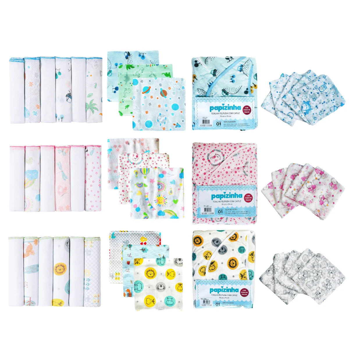Kit Enxoval 15 Peças 6 Paninhos 5 Fraldas 1 Toalha 3 Cueiros