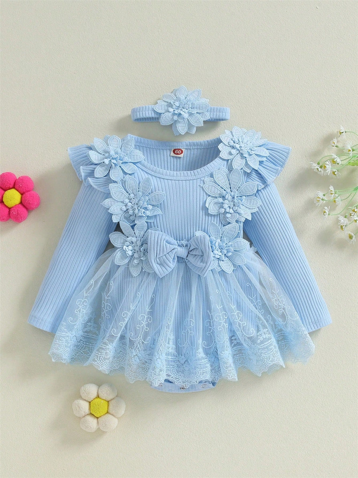 Conjunto com 2 Peças vestido de Tule de Manga Comprida e Laço de Flor 3D