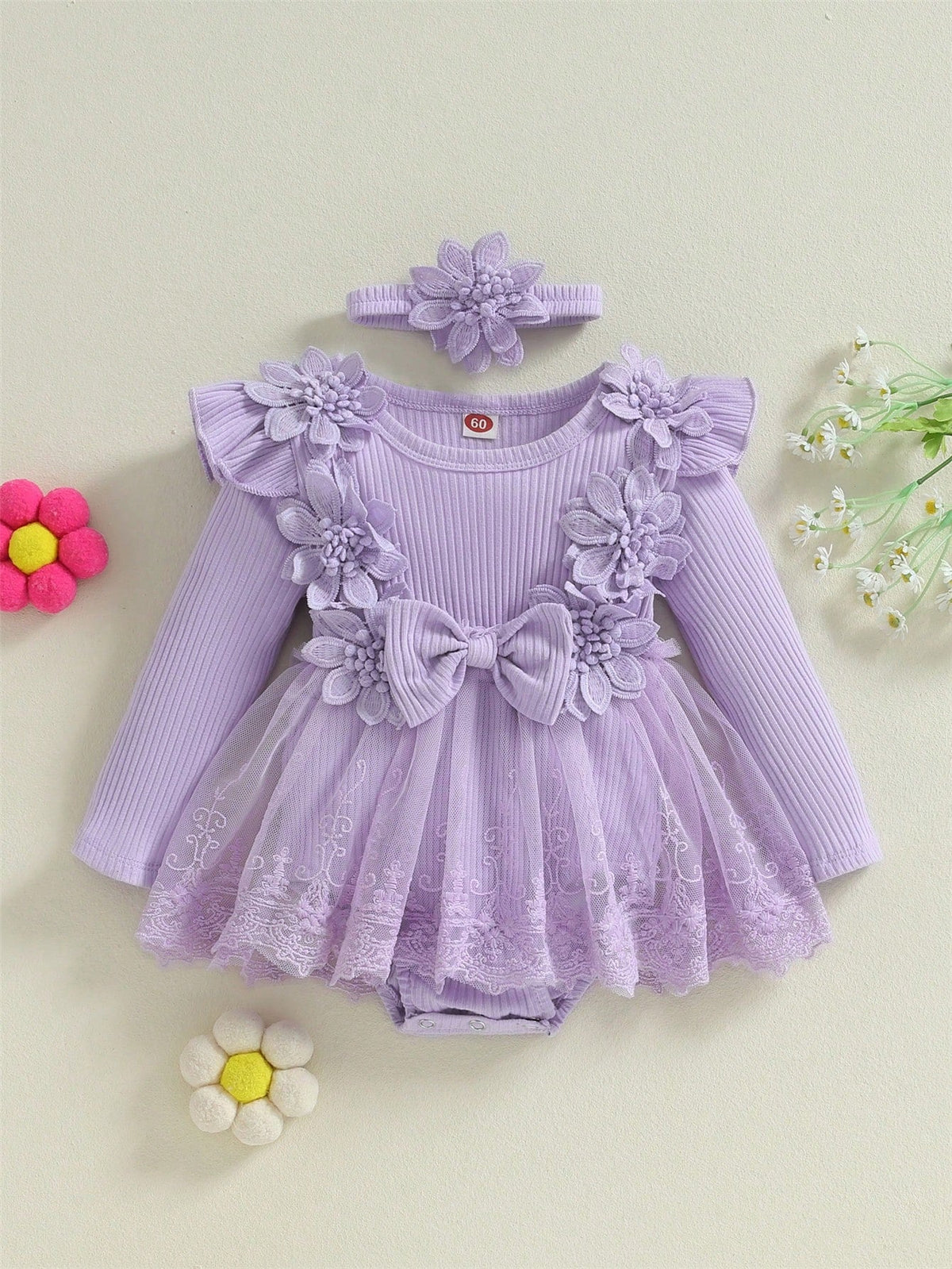 Conjunto com 2 Peças vestido de Tule de Manga Comprida e Laço de Flor 3D