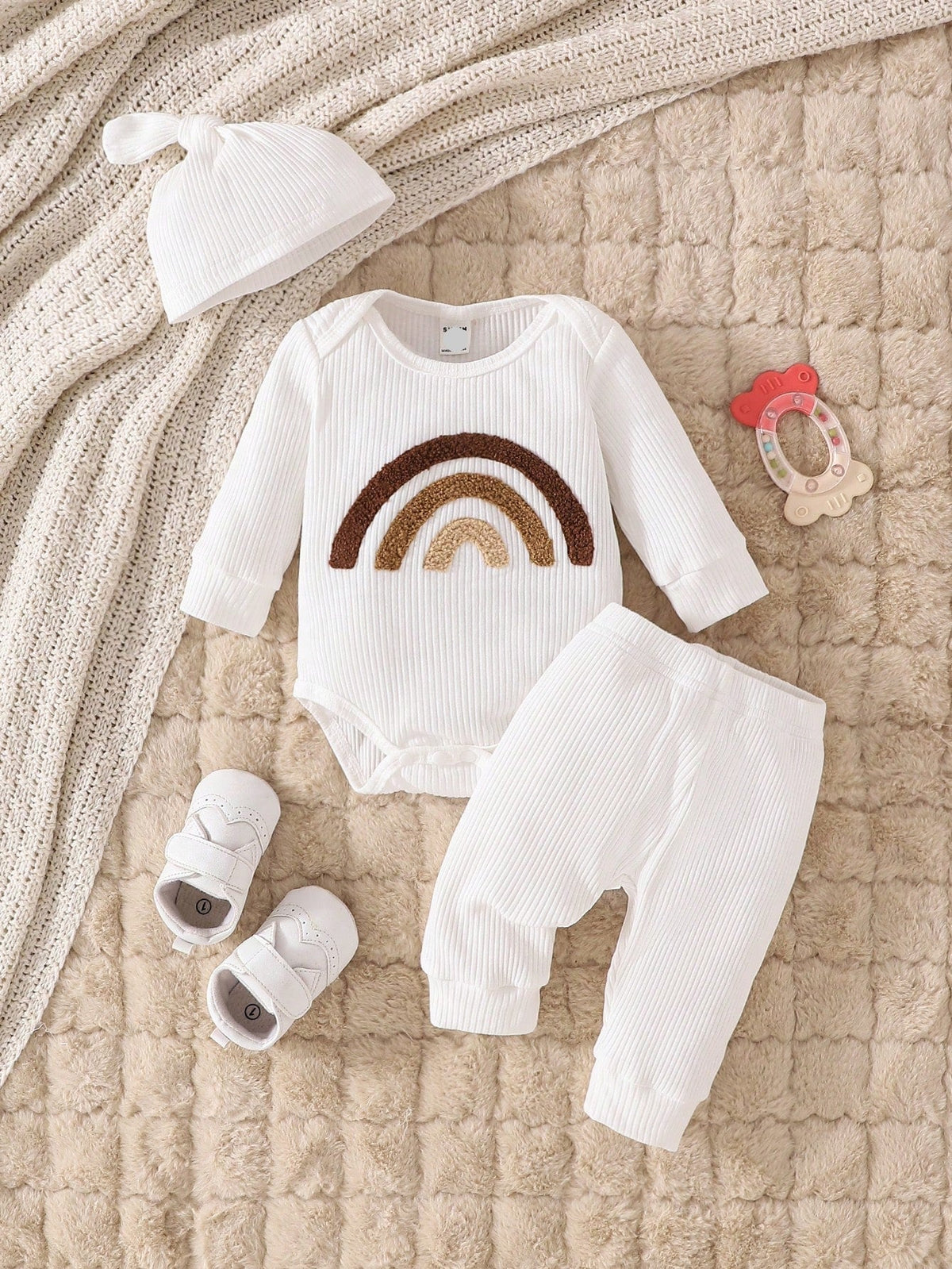 Conjunto de 3 peças de Body manga longa com calça longa e Touquinha Unissex