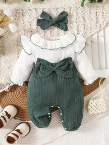 Macacao Longo com Babados e Gola Franzida Bebe Menina Plush Algodão + Faixa