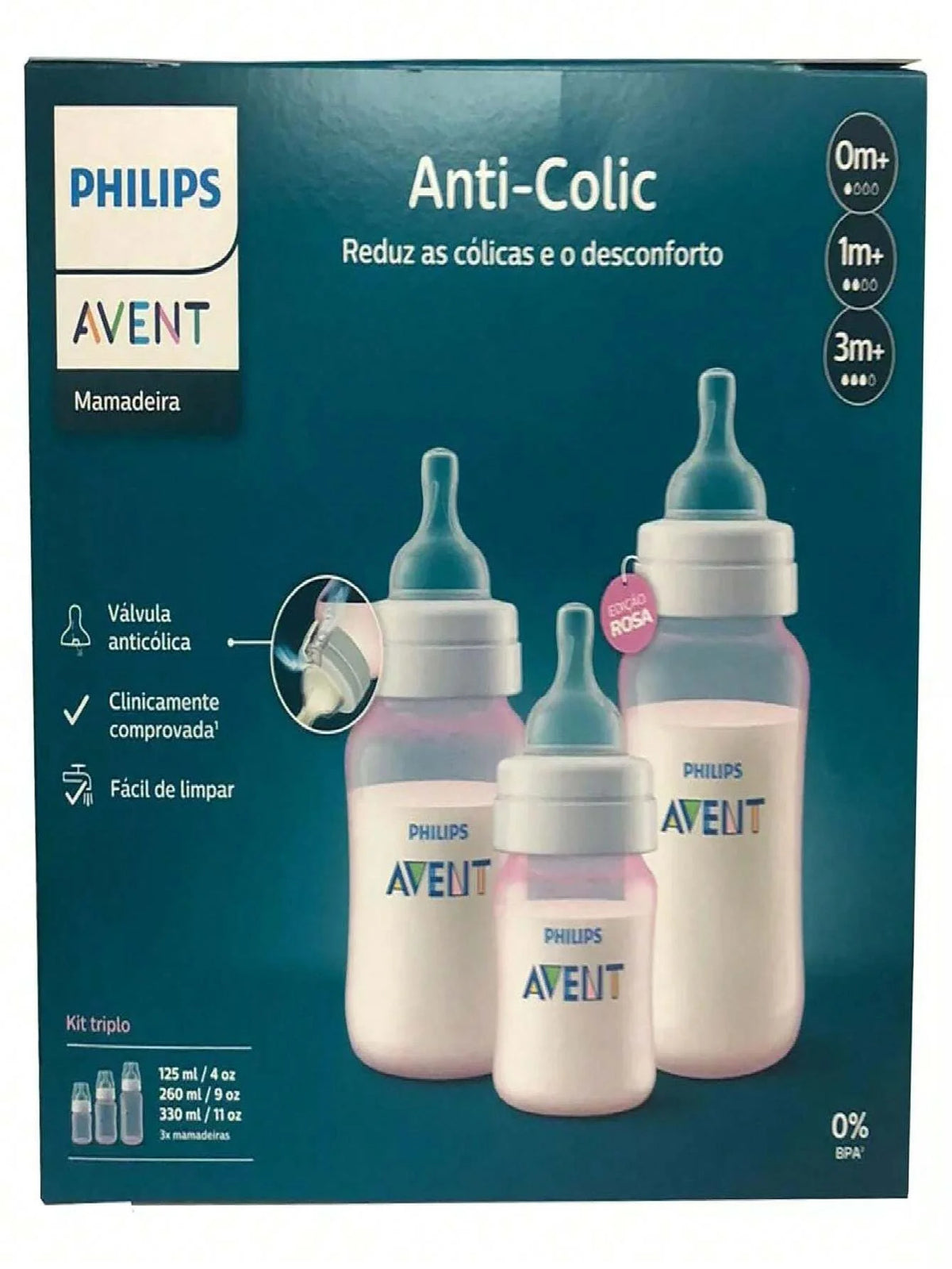 Kit 3un Mamadeiras Avent  Clássica Rosa 125ml /260ml /330ml