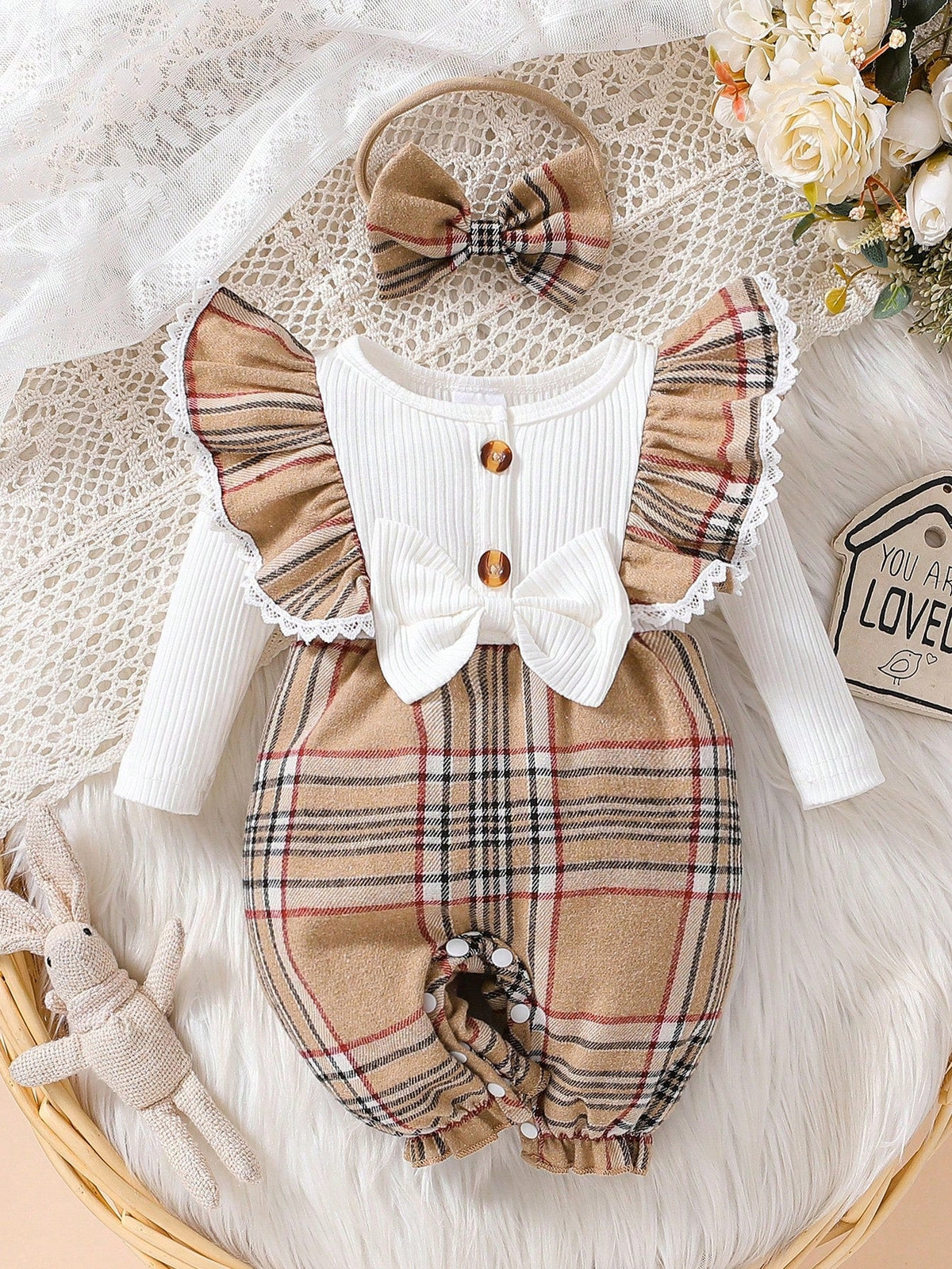 Macacao Longo Xadrez Bebe Menina Plush Algodão + Faixa