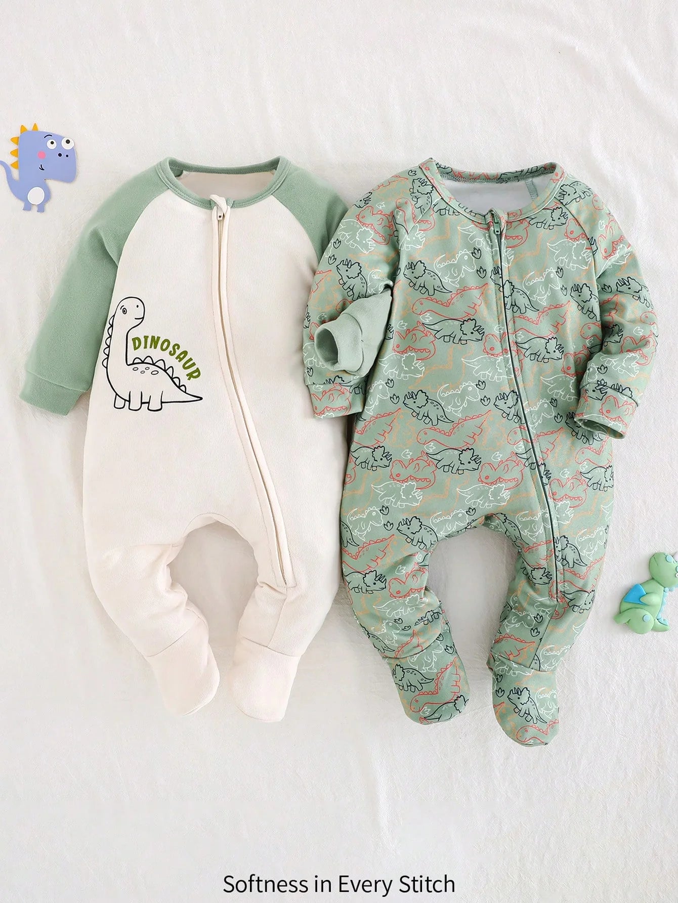 Kit com 2 Macacões de Zíper Algodão Dinossauros