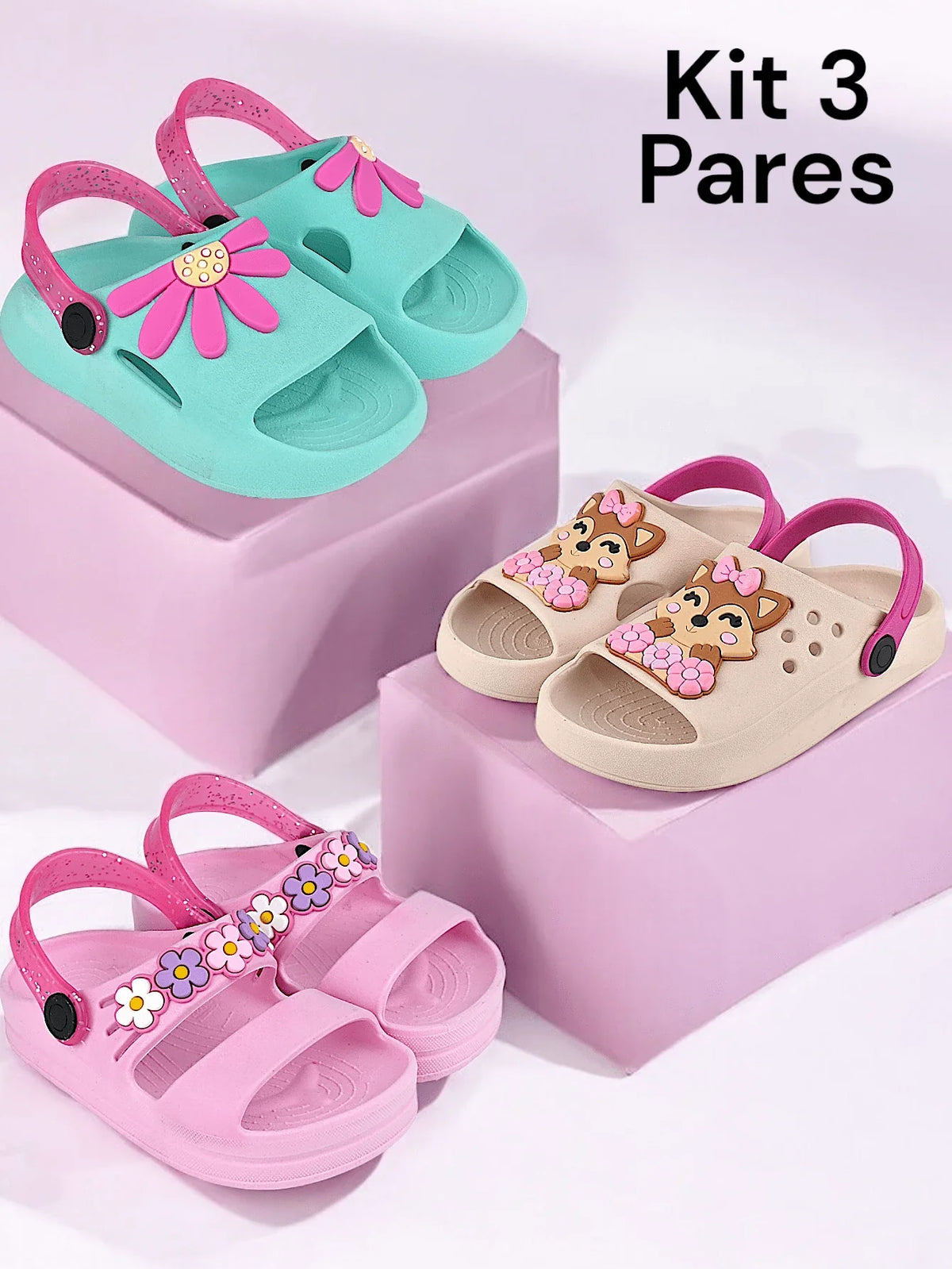 Kit 3 Pares Sandália Infantil Menina Papete Leve Calce Fácil