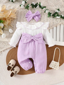 Macacao Longo com Babados e Gola Franzida Bebe Menina Plush Algodão + Faixa