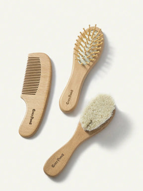 Kit Bebê Para Cabelo Bambu E Cerdas Naturais 3 Peças Marrom-claro