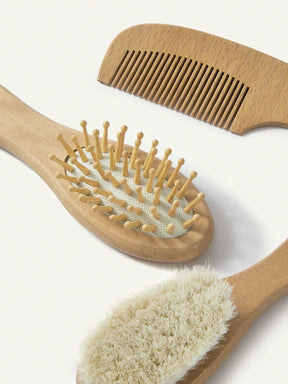 Kit Bebê Para Cabelo Bambu E Cerdas Naturais 3 Peças Marrom-claro