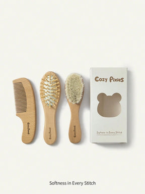 Kit Bebê Para Cabelo Bambu E Cerdas Naturais 3 Peças Marrom-claro