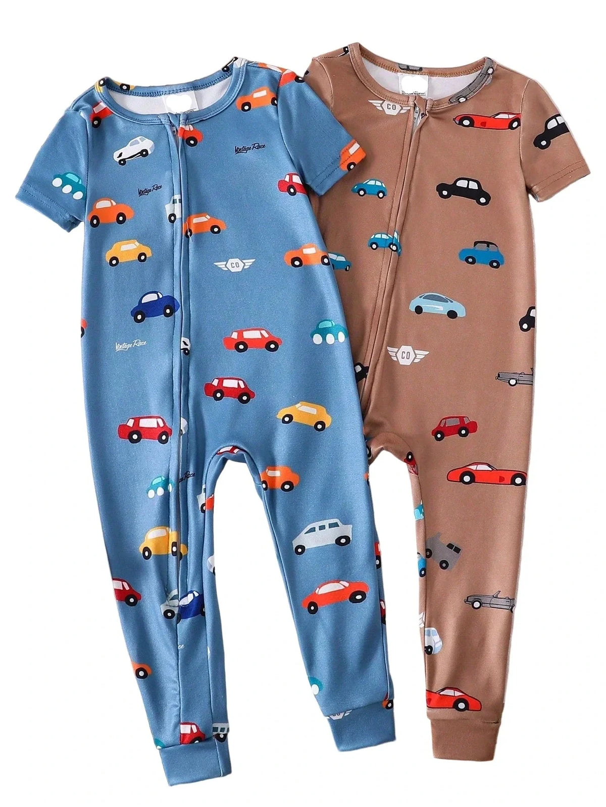 Kit Macacão Manga Curta com Zíper para Bebê com 2 unidades - Carrinhos