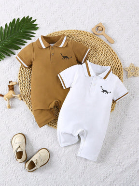 Kit 2 Peças Macacão de Manga Curta com Gola Polo e Estampa de Dinossauro para Meninos