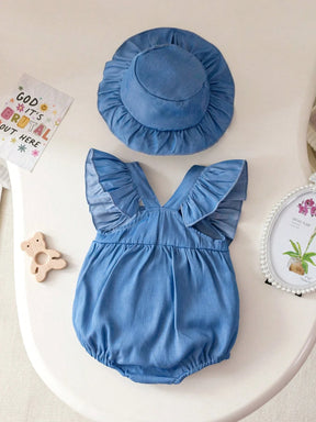 Conjunto 2 peças Body Com Manga De Renda e Chapeu