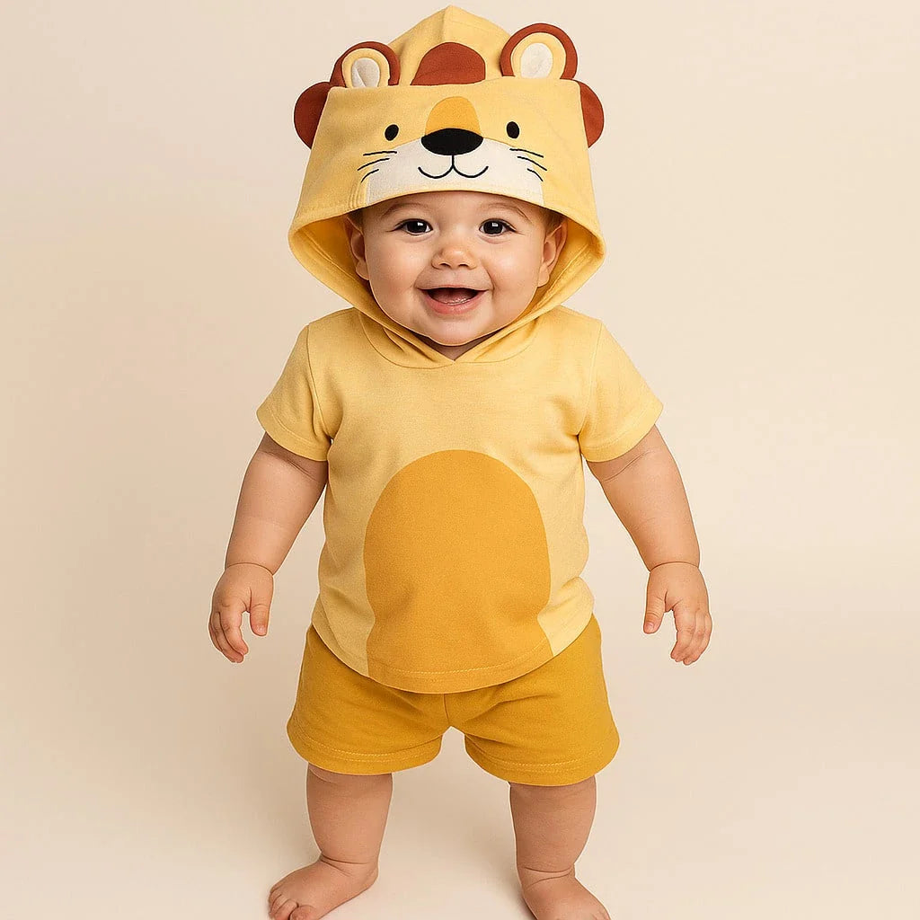 Conjunto camiseta manga curta amarela com capuz bordado leão