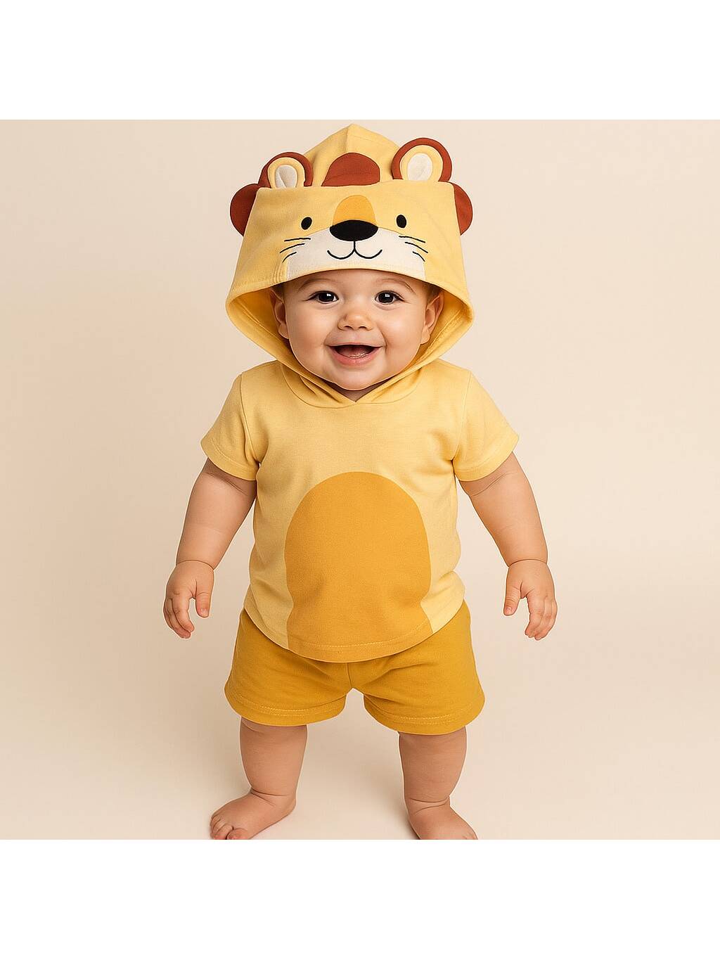 Conjunto camiseta manga curta amarela com capuz bordado leão
