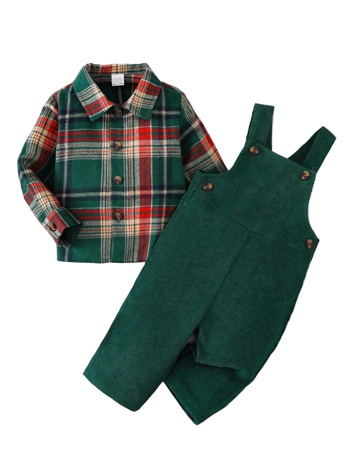 Conjunto Camisa Xadrez com Botões e Calça Jardineira de Veludo Ajustável