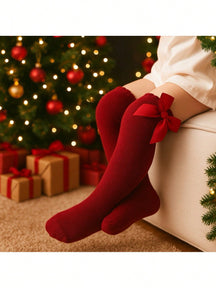 Meia Natal Vermelha Infantil com Laço Bebê Menina