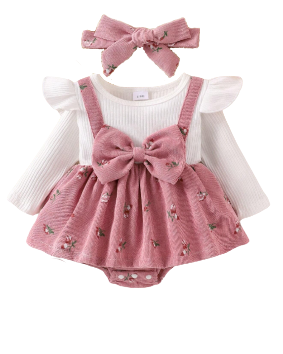 Roupinha Longa de Manga Combinada com Vestido em Florais e Faixa de Cabelo