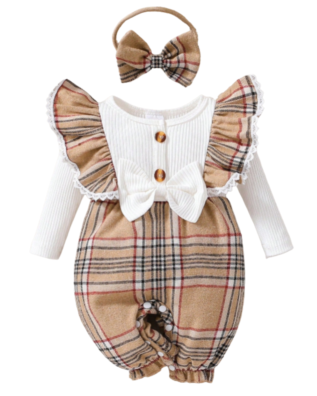 Macacao Longo Xadrez Bebe Menina Plush Algodão + Faixa