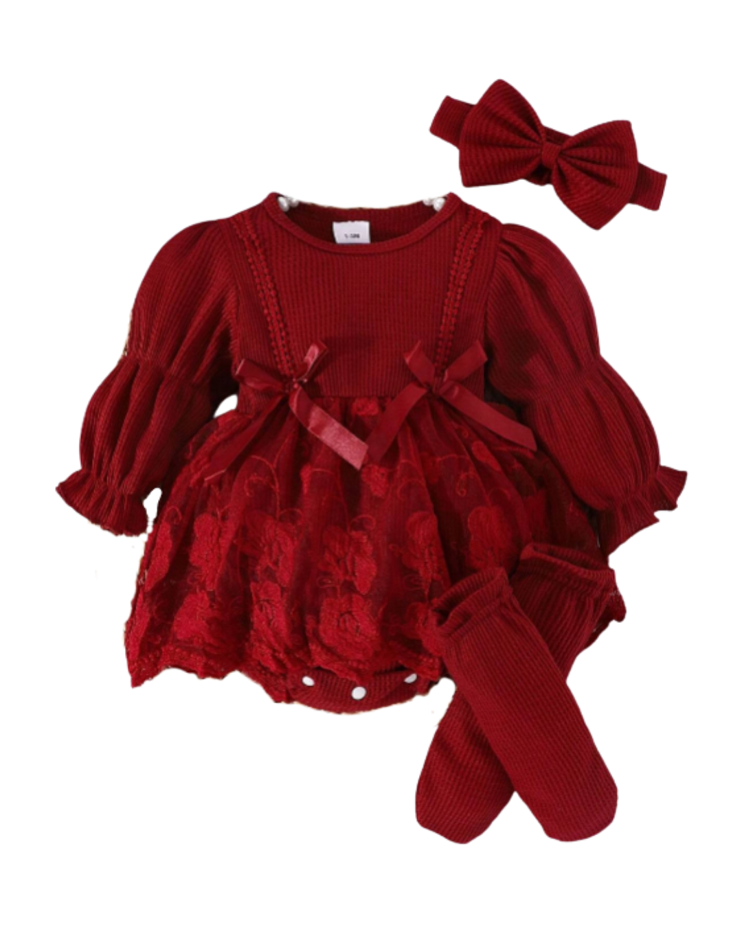 Conjunto Elegante  Romper Manga Longa + Faixa para Cabeça + Meias