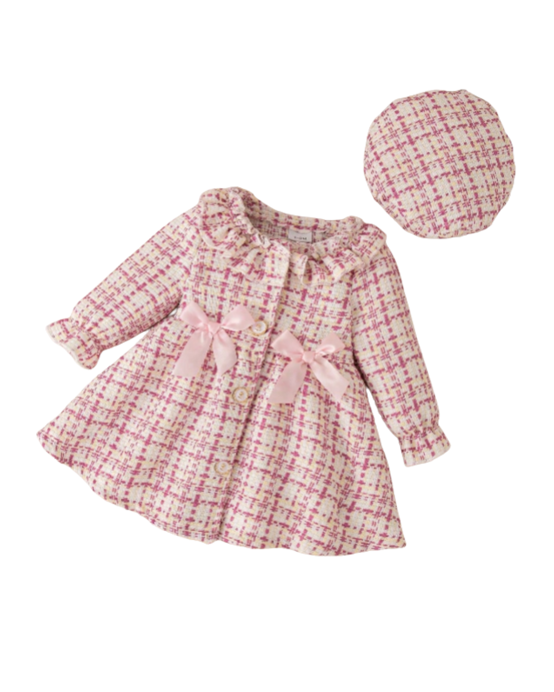 Vestido com Gola de Renda e Laço em Xadrez Rosa, e Boina