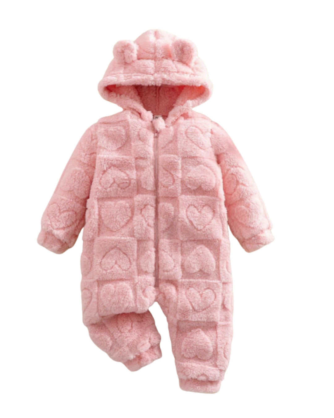 Macacão longo de manga com capuz e orelhas de pelúcia, com estampa de coração