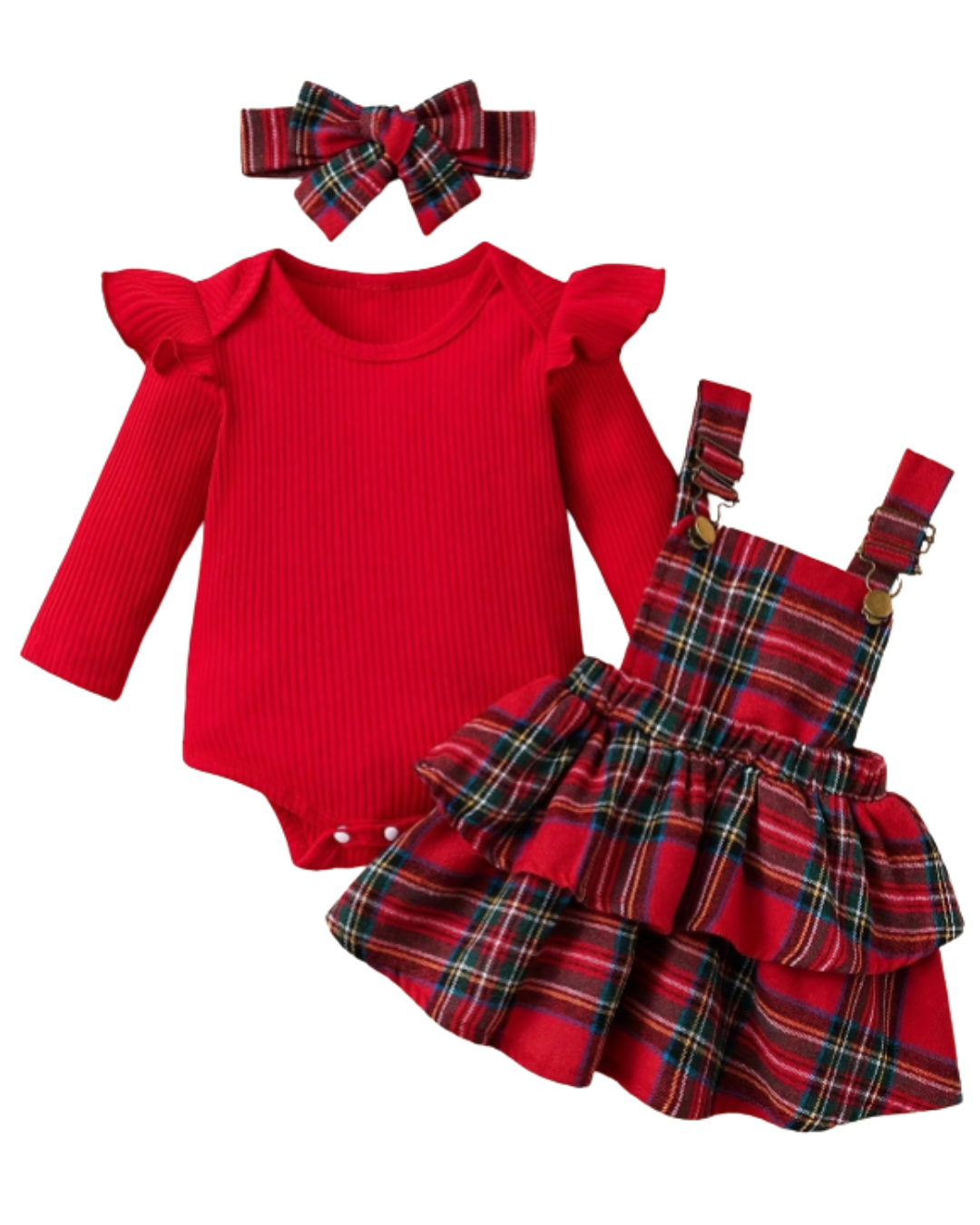 Conjunto de 2 peças  Body de Manga Curta Tricô  + Vestido Jardineira com Estampa Xadrez