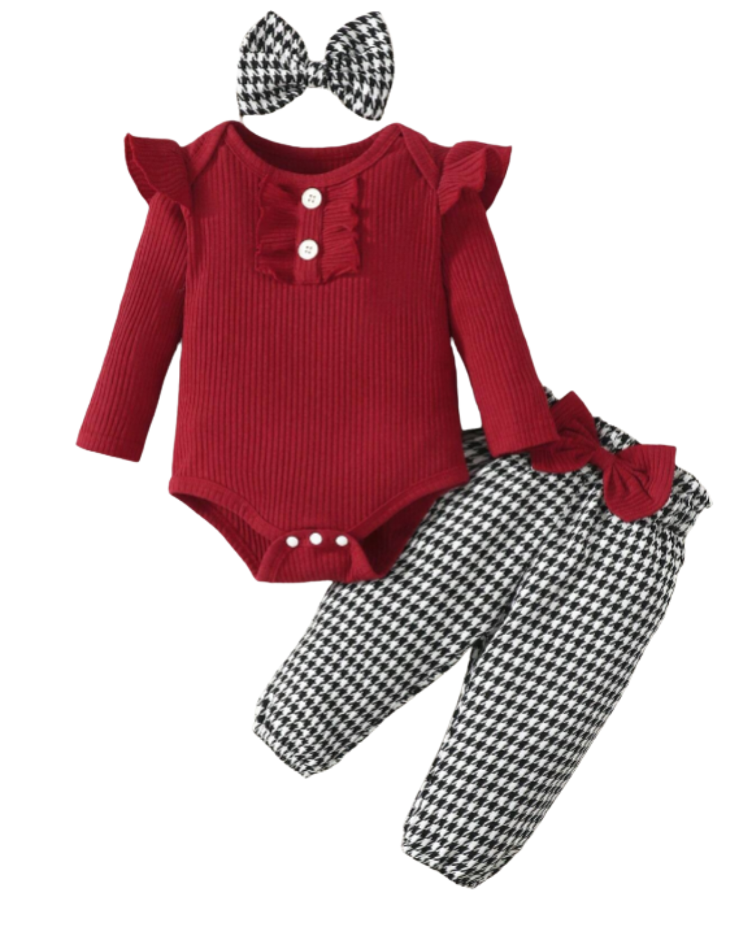 Conjunto de Macacão de Cor Lisa e Calça Xadrez e Laço Xadrez Vermelho