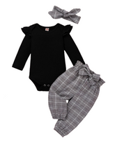 Body Conjunto de Body manga longa, calça e faixa Laço Xadrez