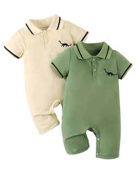 Kit 2 Peças Macacão de Manga Curta com Gola Polo e Estampa de Dinossauro para Meninos