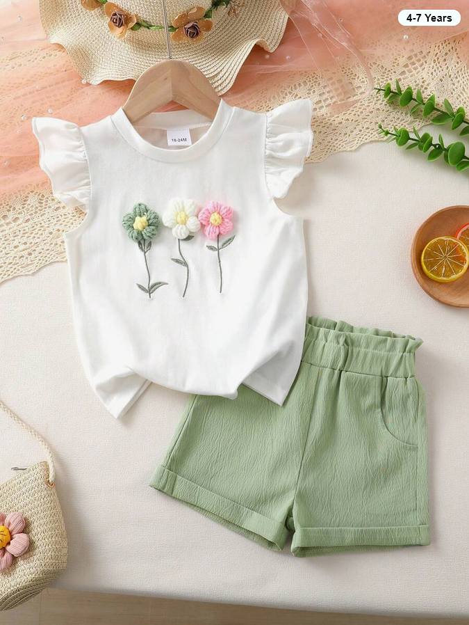 Conjunto Simples de Verão para Meninas com Top de Manga Curta Decorado Artesanalmente com Flores e Shorts Sólidos