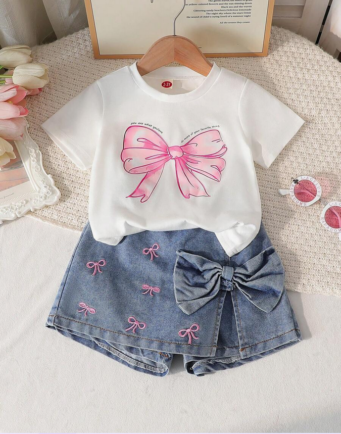 Conjunto de 2 peças, Top de Gola Redonda com Estampa de Laço Fofa + Saia-Calça com Bordado de Laço na Moda